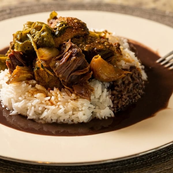 Savory meat and vegetables over white and brown rice, with a rich sauce on a white plate.