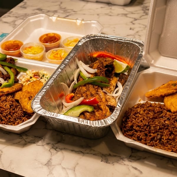 Three takeout containers filled with rice, plantains, pasta salad, and meat with peppers and onions.